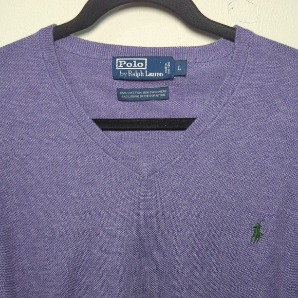 Polo Ralph Lauren Cotton Cashmere V-Neck Sweater Purple Pony Logo Men's Size L - Picture 4 of 5
